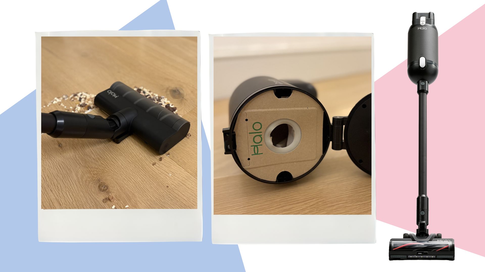 Two pictures of the Halo Capsule XR Vacuum being texted on hard floors next to a full cutout of the vacuum