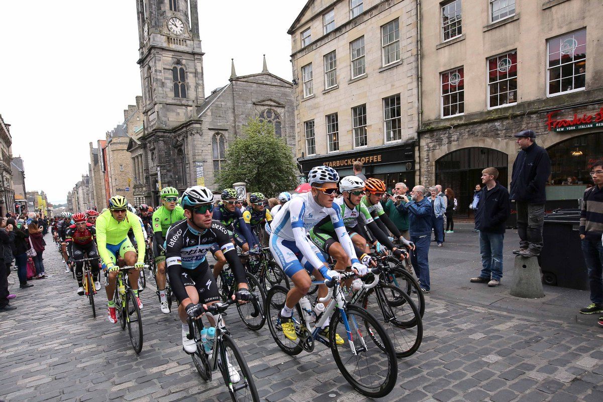 Mark Cavendish at the front at the peloton leaves Edinburgh