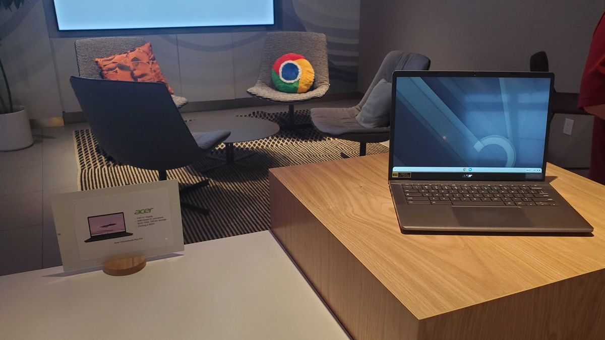 Chromebook Plus laptop on wooden table