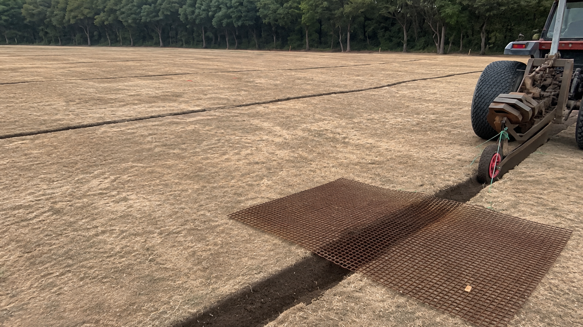 Maintenance staff at Mill Hill Golf Club refilling drainage with soil mix.