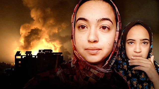 A close up of a women in a headscarf with a burning building in the background in 2024 TV documentary &quot;Life and Death in Gaza&quot; 