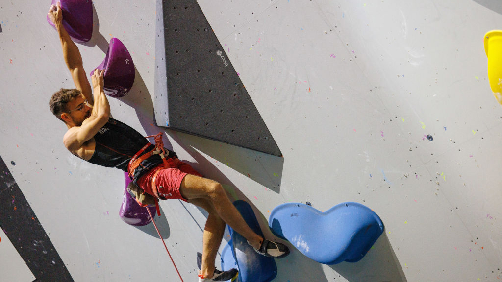 Flohe of Germany competes during the men's lead climbing semifinals of the IFSC Climbing World Championships on August 06, 2023 in Bern, Switzerland