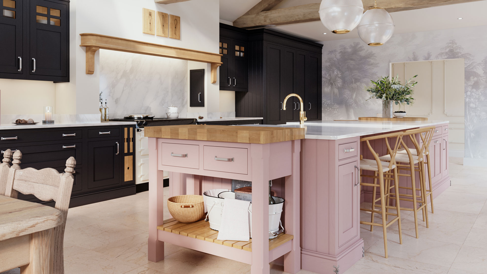 pink and black Shaker kitchen with large kitchen island