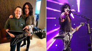 Paul Stanley with Matt's Guitar Shop holding his Gibson Flying V