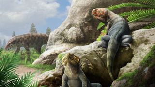 An illustration of two lizard-like green species with red beaked heads on a rock. In the background is another reptile walking by.