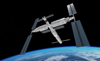 An artist's depiction of China's planned space station in low Earth orbit.