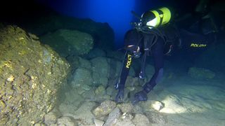 A diver with a yellow tank looks at rock-like clumps on the seafloor.