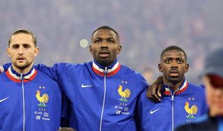 France Euro 2024 squad Adrien Rabiot #14, Marcus Thuram #15 and Ousmane Dembele #11 of Team France pose before the international friendly match between France and Germany at Groupama Stadium on March 23, 2024 in Lyon, France. (Photo by Xavier Laine/Getty Images)