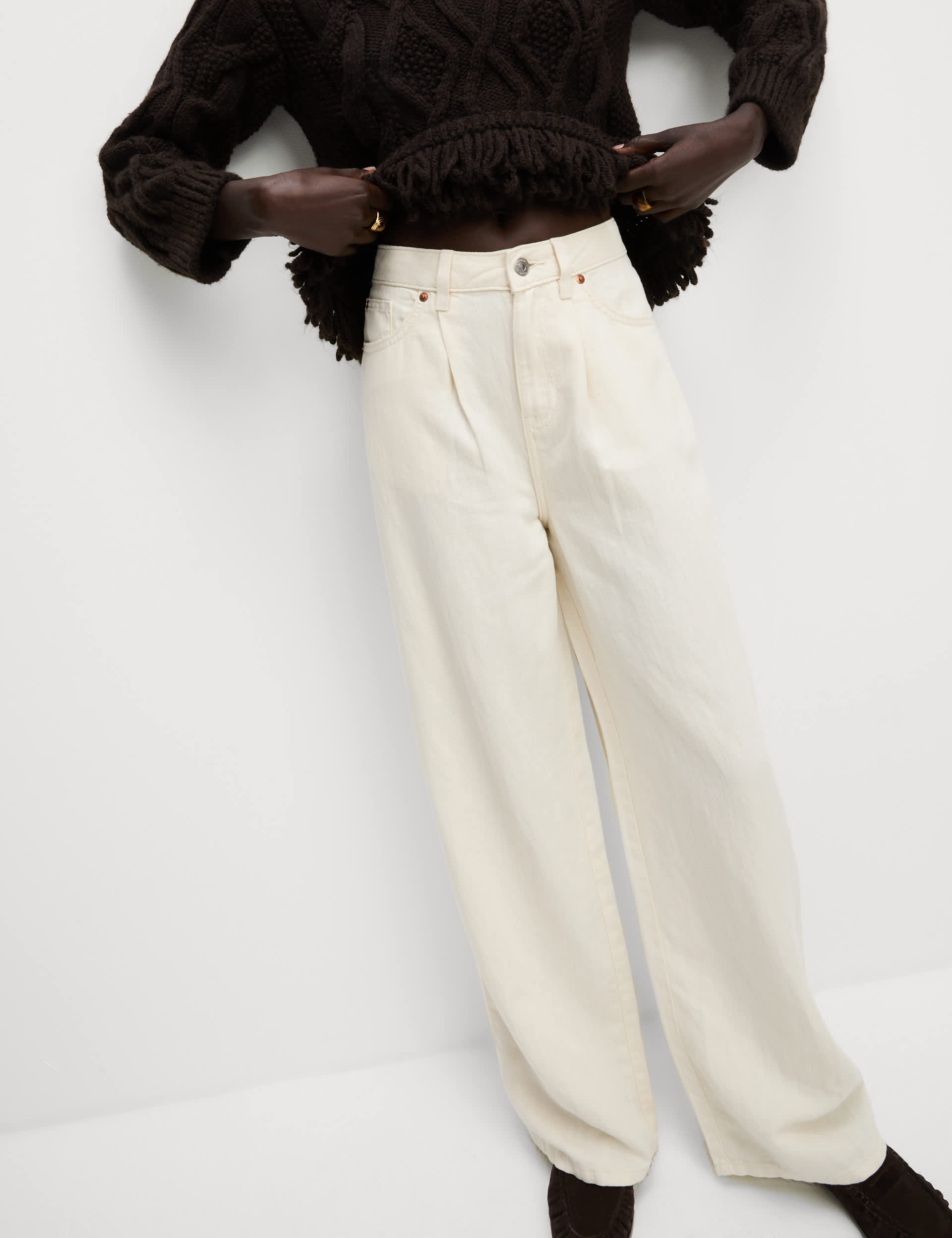 Linen Blend Denim Wide Leg Trousers