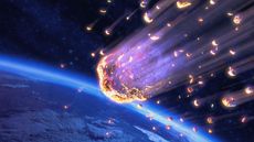 An artist's illustration of dozens of meteors burning up in Earth's atmosphere