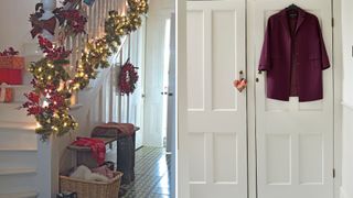 white hallway decorated for Christmas and a closet with a coat hanging on the door to suggest a Christmas hosting tip to make space for guests coats