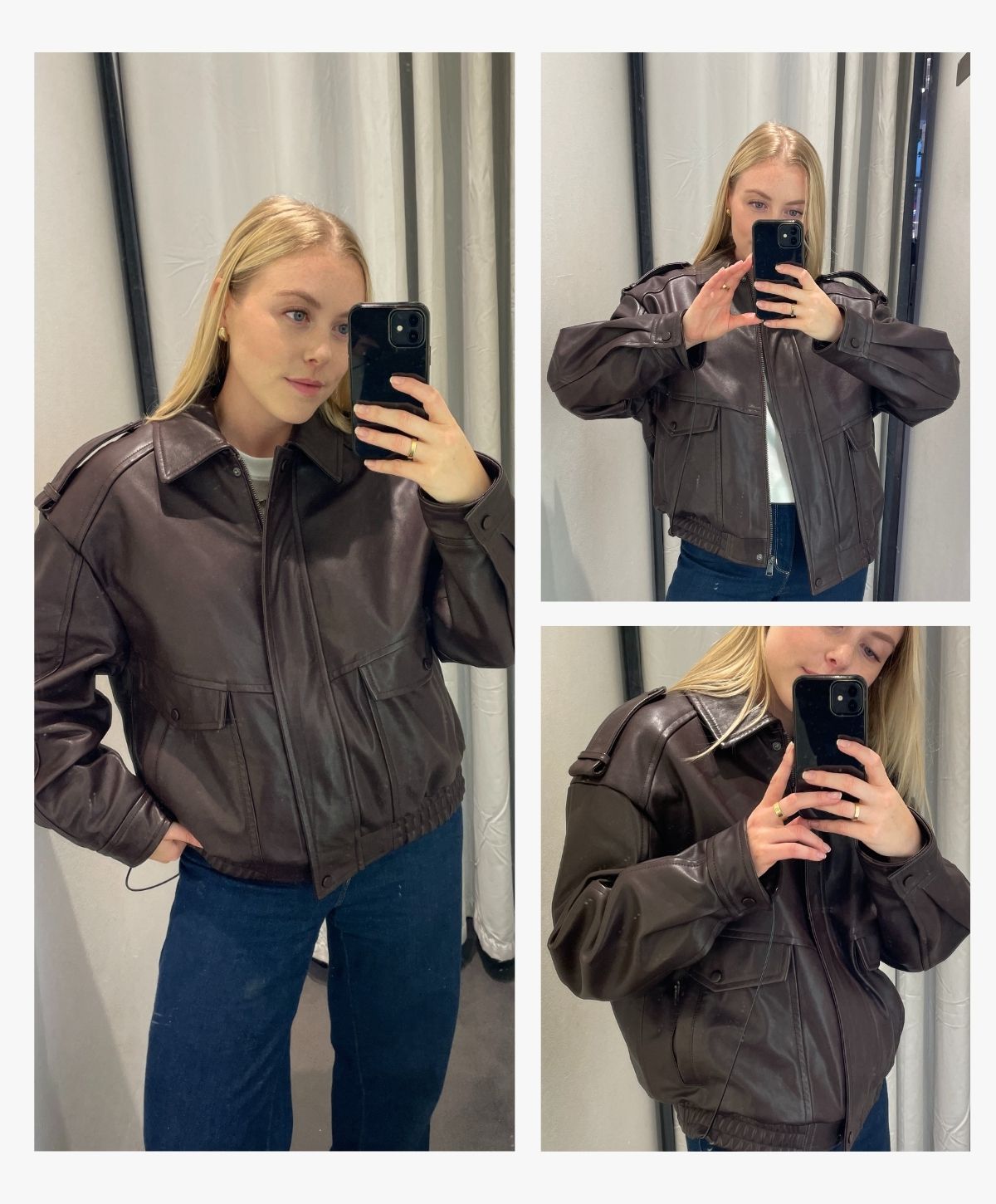 Woman wears burgundy leather jacket and blue jeans