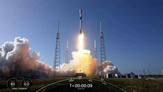 A SpaceX Falcon 9 rocket launches 46 Starlink internet satellites to orbit on the Starlink 4-8 mission from SLC-40 at Cape Canaveral Space Force Base in Florida on Feb. 21, 2022.