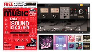 Red front cover of Computer Music's October Easy Sound Design issue, alongside a screenshot of the UI of the T-RackS Tape Machine 80 software and thumbnails of this month's free sample packs