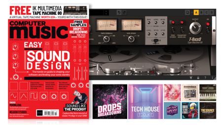 Red front cover of Computer Music's October Easy Sound Design issue, alongside a screenshot of the UI of the T-RackS Tape Machine 80 software and thumbnails of this month's free sample packs