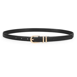 Jasgood Womens Thin Leather Belt Skinny Faux Leather Belt for Jeans Dress With Bright Gold Alloy Buckle 2 Loop,black/fit Waist Size 24-26 Inch