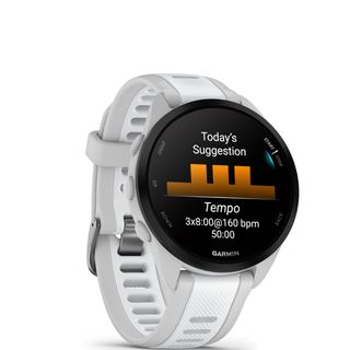 Render of the Garmin Forerunner 165 showing a daily suggested workout at Tempo pace.