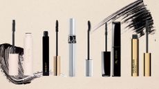five of our Best mascara recommendations from Rare Beauty, Merit, Dior, Sensai and Hourglass, on a beige background with mascara swatches