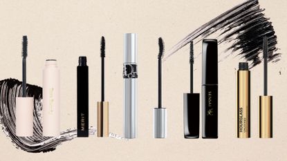 five of our Best mascara recommendations from Rare Beauty, Merit, Dior, Sensai and Hourglass, on a beige background with mascara swatches