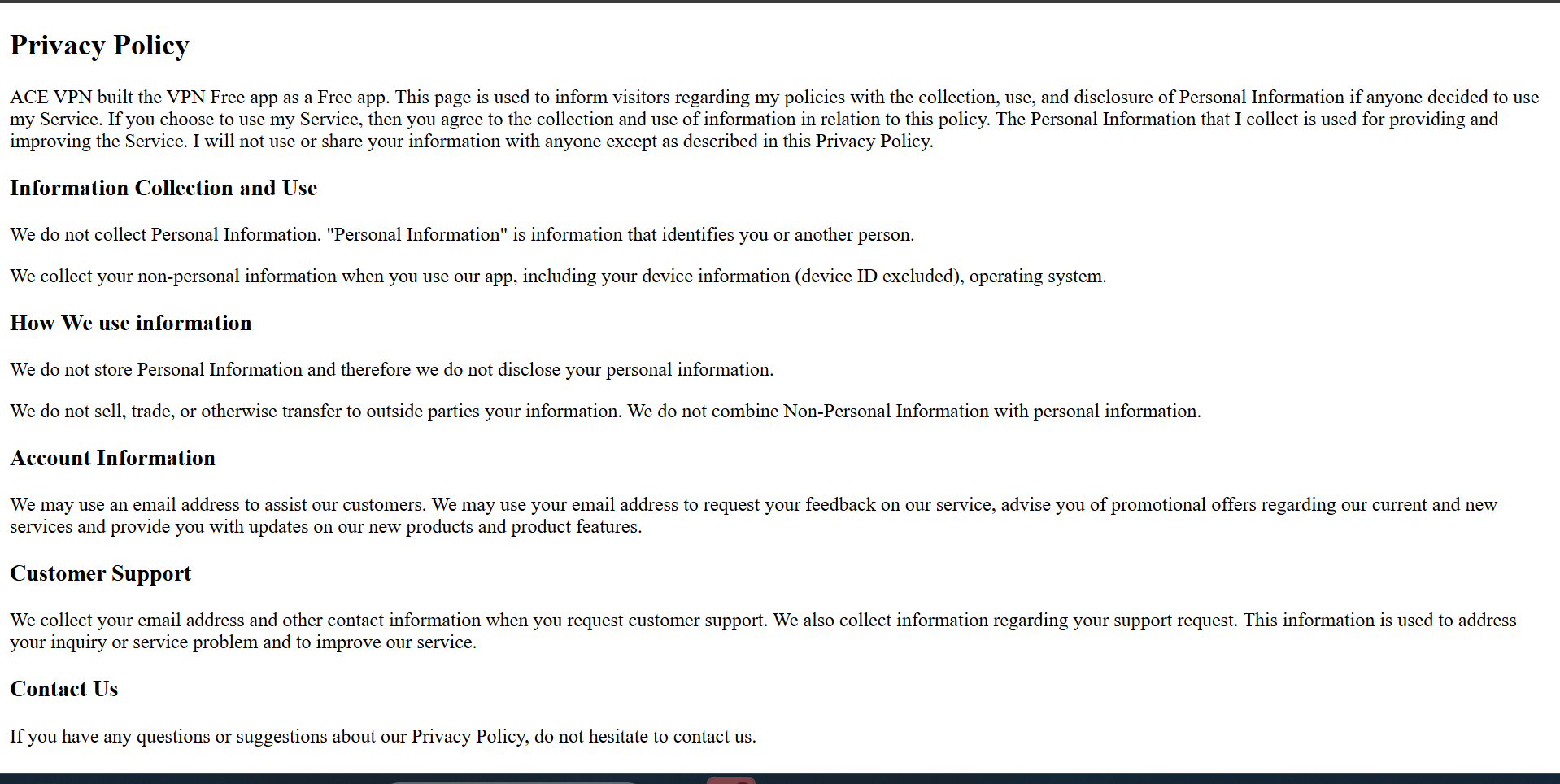 ACE VPN privacy policy