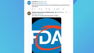 A screenshot of two tweets from Twitter showing a funny exchange between the Oklahoma Department of Wildlife Conservation and another user