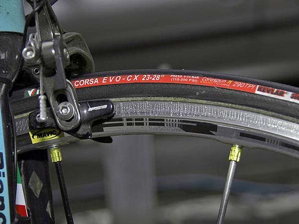 Barloworld mechanics hand-etched the sidewalls of this Mavic R-SYS wheel in hopes of getting better braking performance in wet conditions.