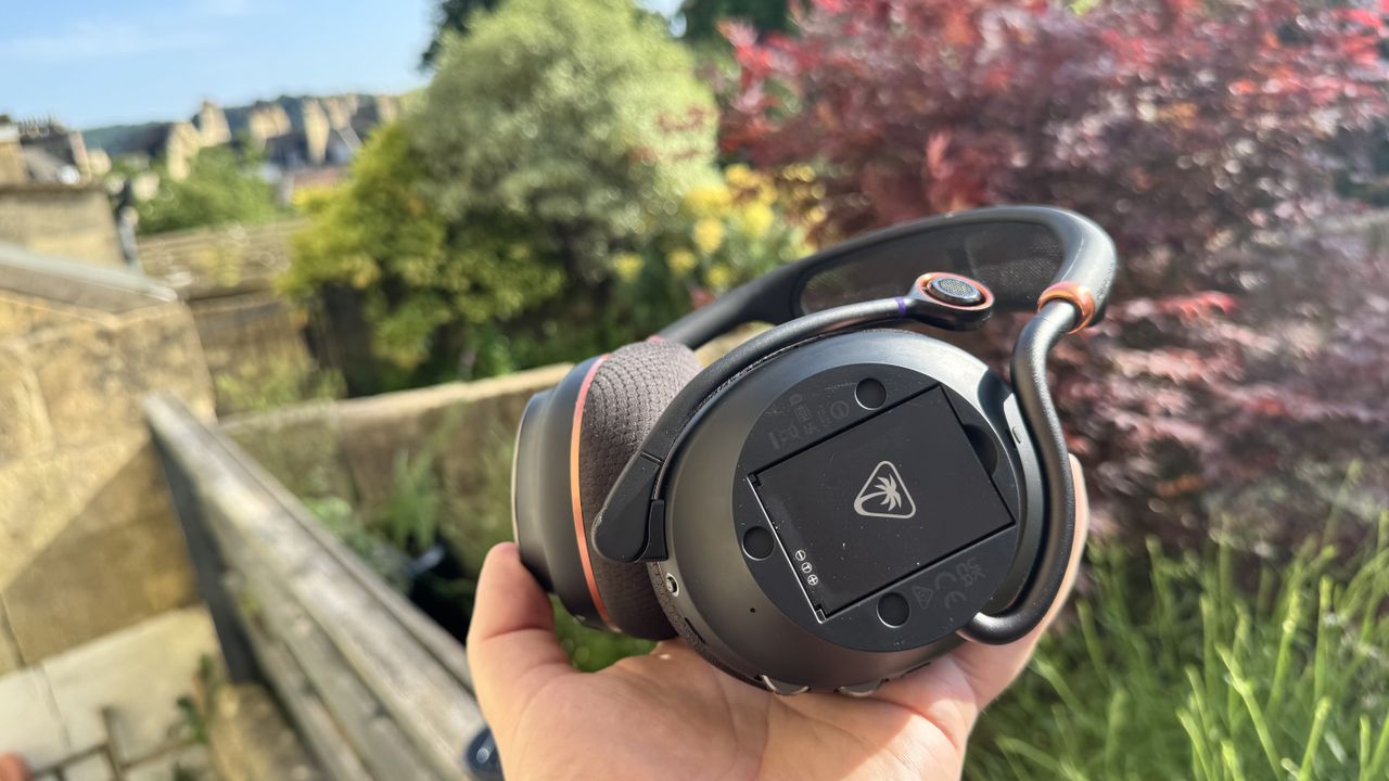 The Turtle Beach Stealth Pro II with the mic up and battery showing, outside