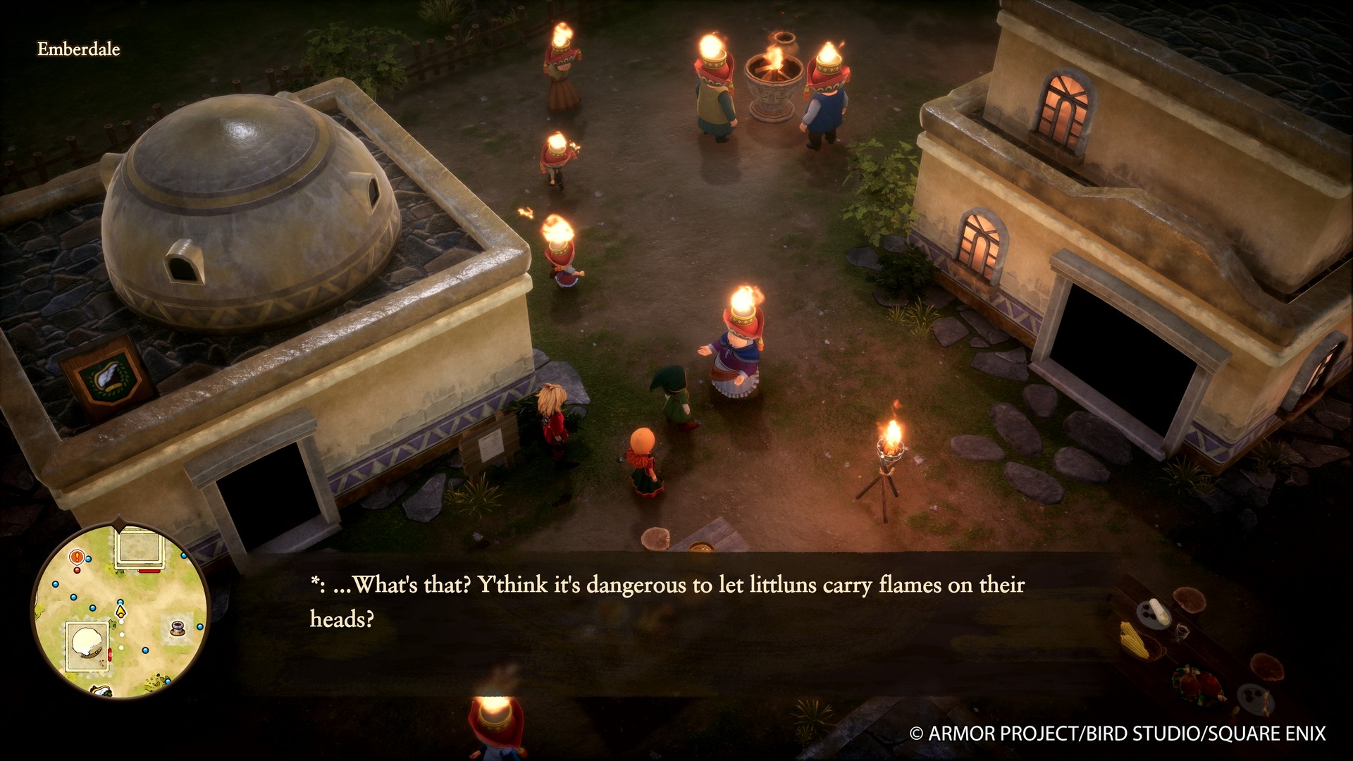 Residents of Emberdale hold a festival in Dragon Quest 7 Reimagined where they walk around with flaming hats