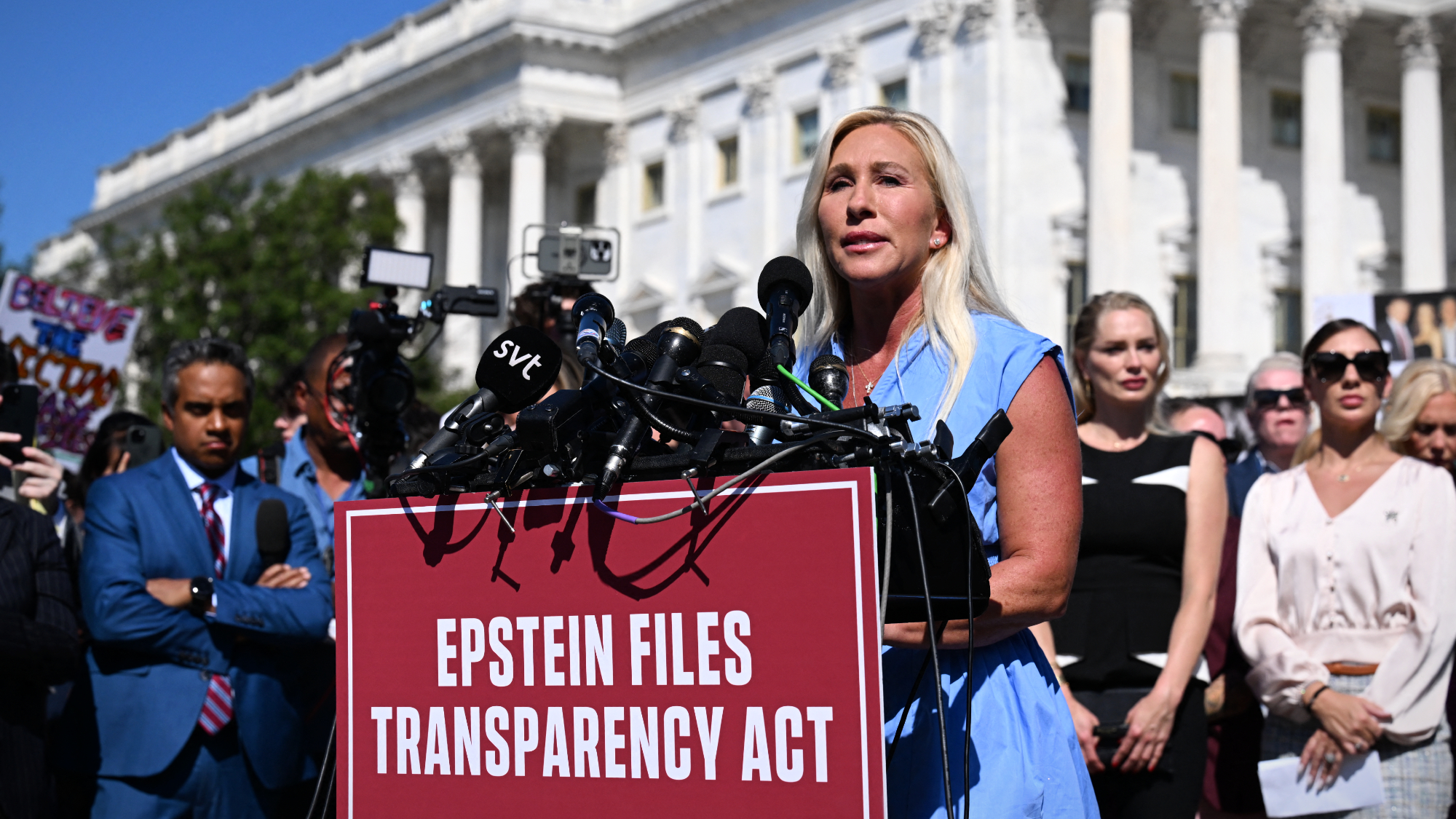 Rep. Marjorie Taylor Greene (R-Ga.) at rally calling for release of Jeffrey Epstein files