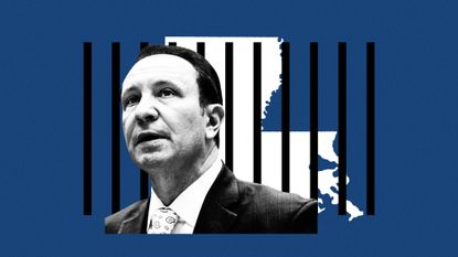 Photo composite of Jeff Landry, Louisiana state and prison bars