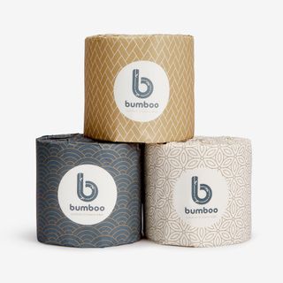 Toilet paper wrapped in patterned paper packaging