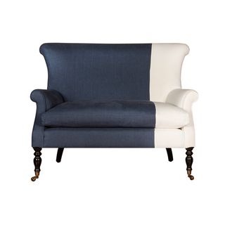 David Seyfried Stratton sofa with two tone fabric, three quarters dark blue one quarter white