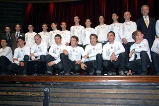2007 Saunier Duval-Prodir members on stage (lacking the riders who are at the Tour of Qatar).