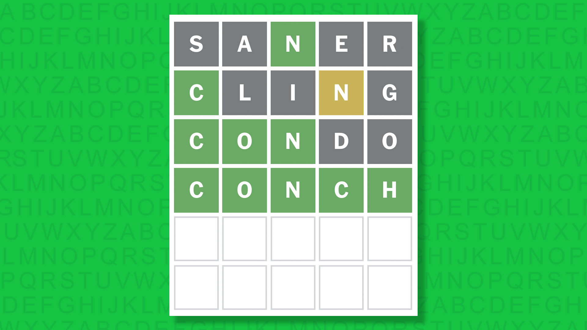 Ответ NYT Wordle для игры 1647 на зеленом фоне