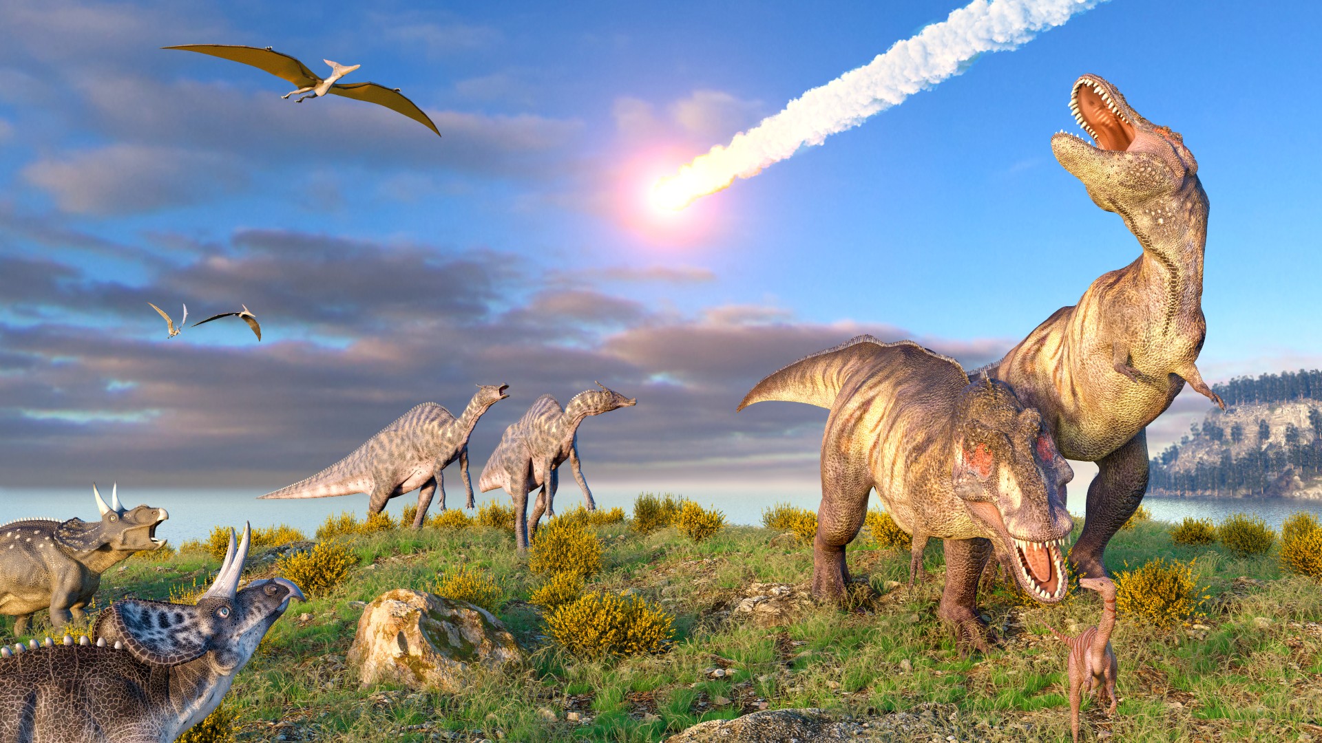 Illustration of the K-Pg extinction event at the end of the Cretaceous Period. A ten-kilometre-wide asteroid or comet is entering the Earth's atmosphere as dinosaurs, including T. rex, look on.