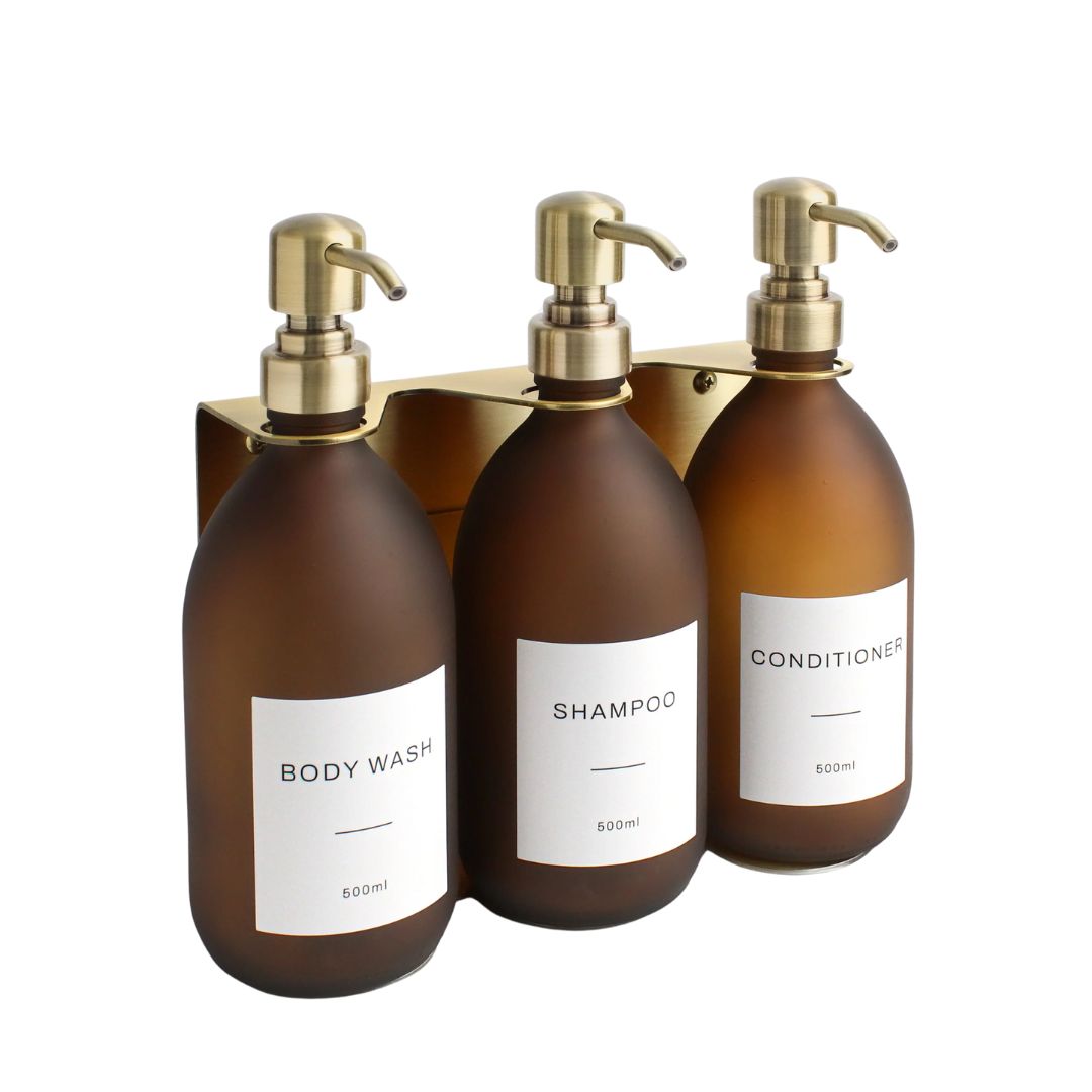 NAMIE , Gold Wall Bracket & Frosted Amber Glass Dispenser Set