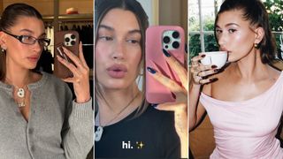 Split image of hailey bieber holding up phone with glasses on wearing shiny nail polish, holding up her phone with blue nail polish, drinking out of a coffee mug wearing a pink dress and brown nail polish