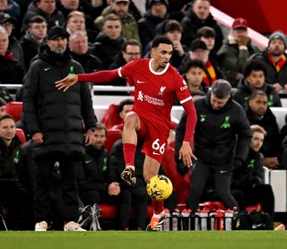 Trent Alexander-Arnold of Liverpool during the Premier League match between Liverpool FC and Chelsea FC at Anfield on January 31, 2024 in Liverpool, England.