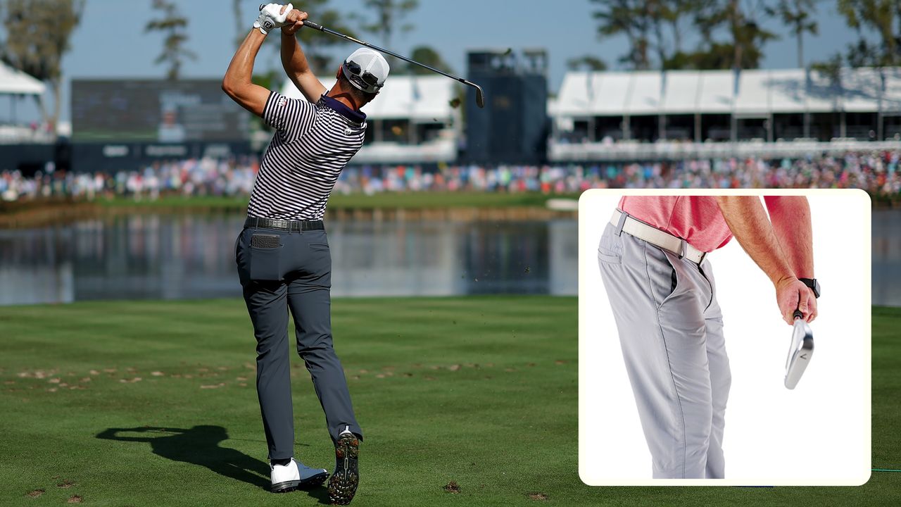 Justin Thomas hitting a tee shot at the Players Championship 2024, with inset image of Josh Mayo demonstrating the correct position in the takeaway of the golf swing