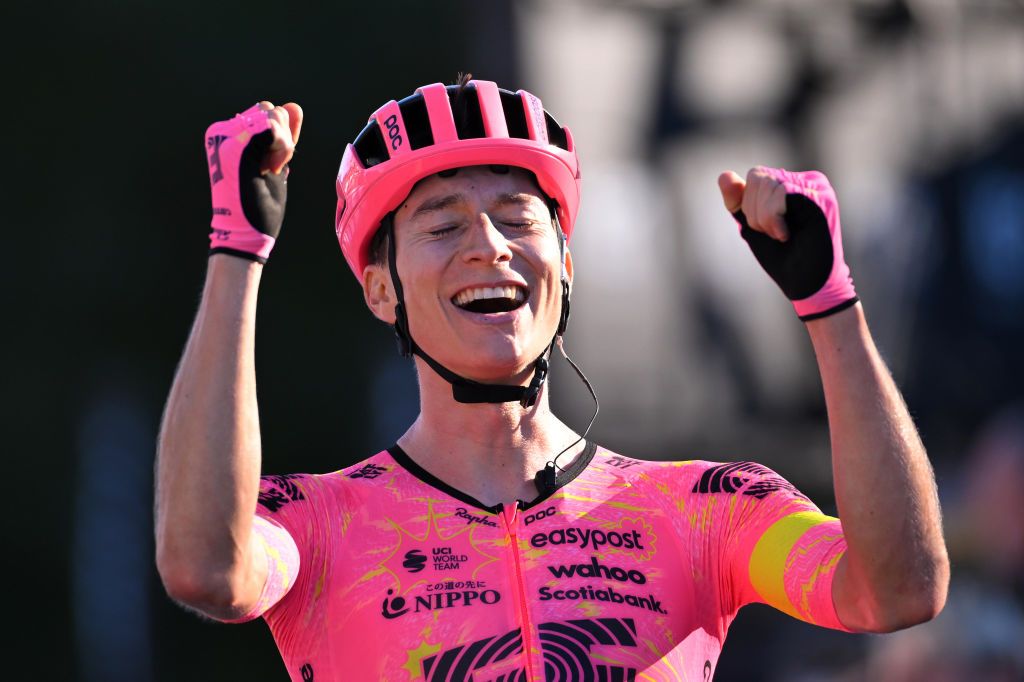 BORGOMANERO ITALY OCTOBER 10 Neilson Powless of The United States and Team EF Education EasyPost celebrates at finish line as race winner during the 108th Gran Piemonte 2024 a 182km one day race from Valdengo to Borgomanero on October 10 2024 in Borgomanero Italy Photo by Tim de WaeleGetty Images