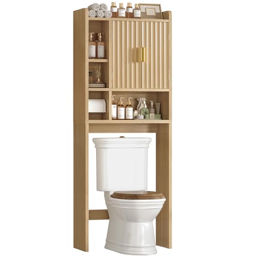 Teenfon Over the Toilet Storage Cabinet With 4 Open Shelves and Adjustable Shelf, Extra Tall Bathroom Organizer Unit With 2 Wood Doors, Home Space Saver for Bathroom, Laundry Room, Natural