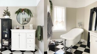 Neutral bathroom with black and white cheque tiled flooring with a white roll top bath and a round mirror with festive garland to show how to style a bathroom for Christmas