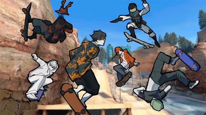 Press shot for Skate Tree codes showing various skateboarders performing a selection of airborne tricks