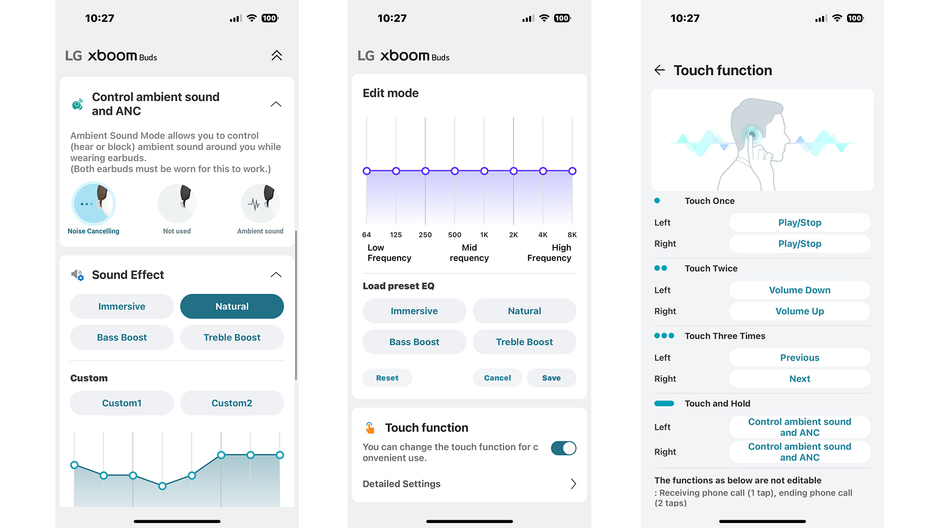 LG Xboom Buds 2025 wireless earbuds app on three smartphone screens