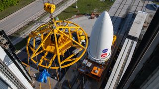 NASA's Mars 2020 Perseverance rover waits to be lifted onto its Atlas V launch vehicle at the Cape Canaveral Air Force Station in Florida on July 7, 2020.