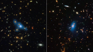 The Hubble Space Telescope has imaged a glowing phenomenon called intracluster light, which is light emitted by wandering stars, which are not gravitationally bound to others. The blue color is artificially added for emphasis. On the left is galaxy cluster MOO J1014+0038 and on the right is SPT-CL J2106-5844.