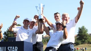 Team Monty celebrate with the inaugural Ryder Cup All Star Match trophy at Marco Simone