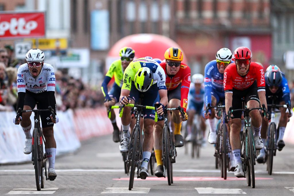 DOUR BELGIUM FEBRUARY 27 LR Antonio Morgado of Portugal and Team UAE Team Emirates race winner Laurenz Rex of Belgium and Team Intermarche Wanty Rasmus Tiller of Norway and Team UnoX Mobility and Jenthe Biermans of Belgium and Team Arkea BB Hotels sprint at finish line during the 56th Le Samyn 2024 a 2043km one day race from Quaregnon to Dour on February 27 2024 in Dour Belgium Photo by Luc ClaessenGetty Images