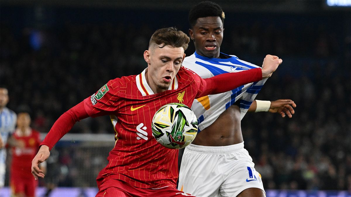 Liverpool&#039;s Conor Bradley shields the ball in his team&#039;s October 2024 Carabao Cup match against Brighton. 