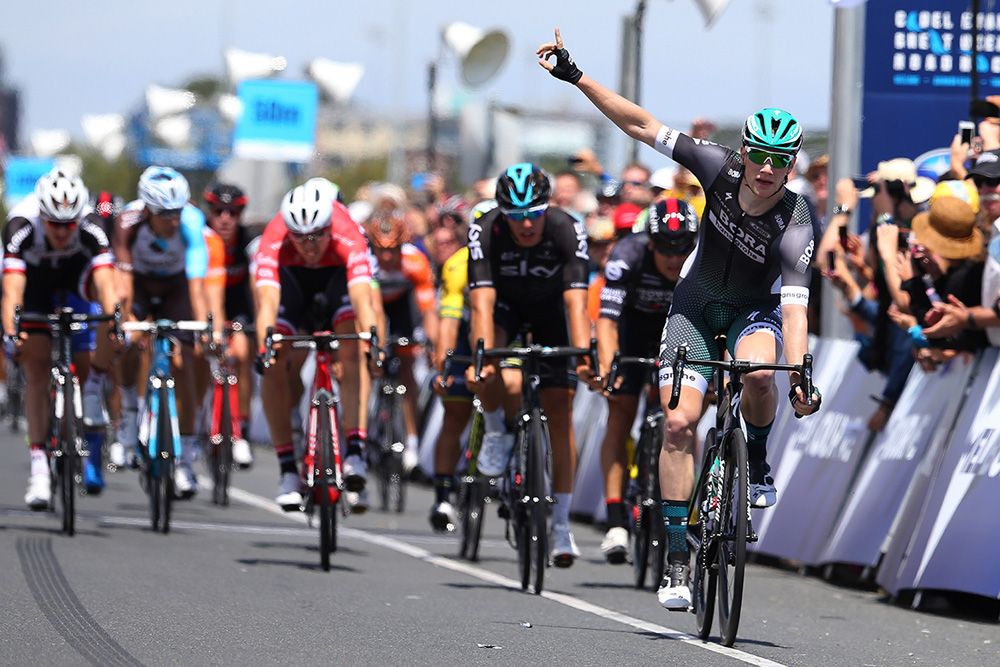 Sam Bennett (Bora-hansgrohe) celebrates his win at the Race Melbourne circuit race